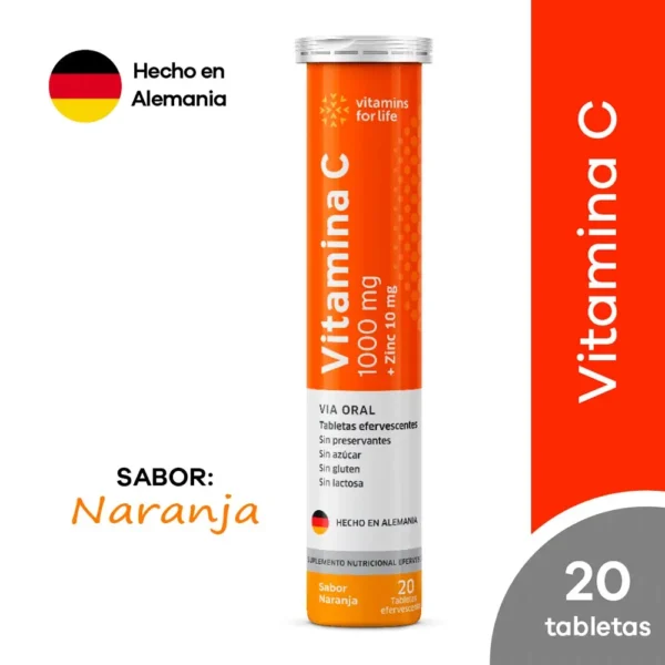 Vitamina C + Zinc Vitamins For Life Tableta Efervescente Sabor Naranja 20 Tabletas