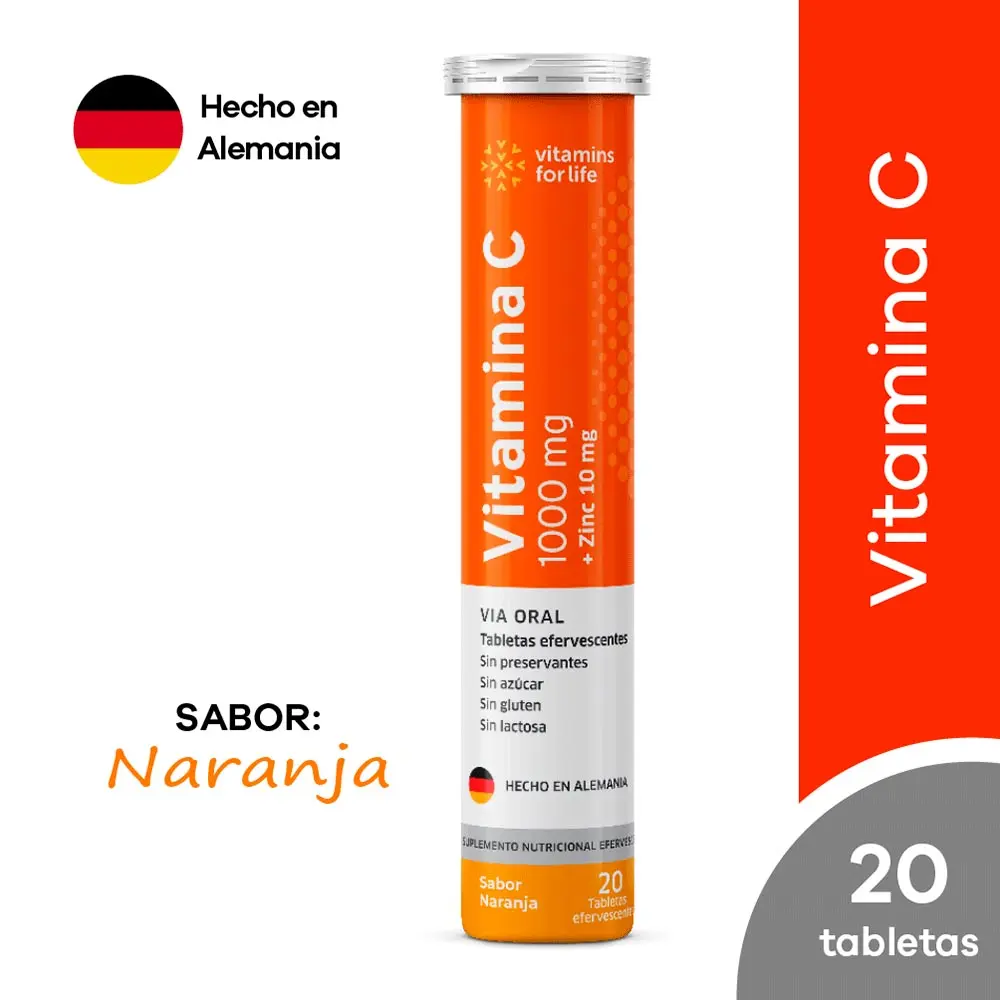 Vitamina C + Zinc Vitamins For Life Tableta Efervescente Sabor Naranja 20 Tabletas